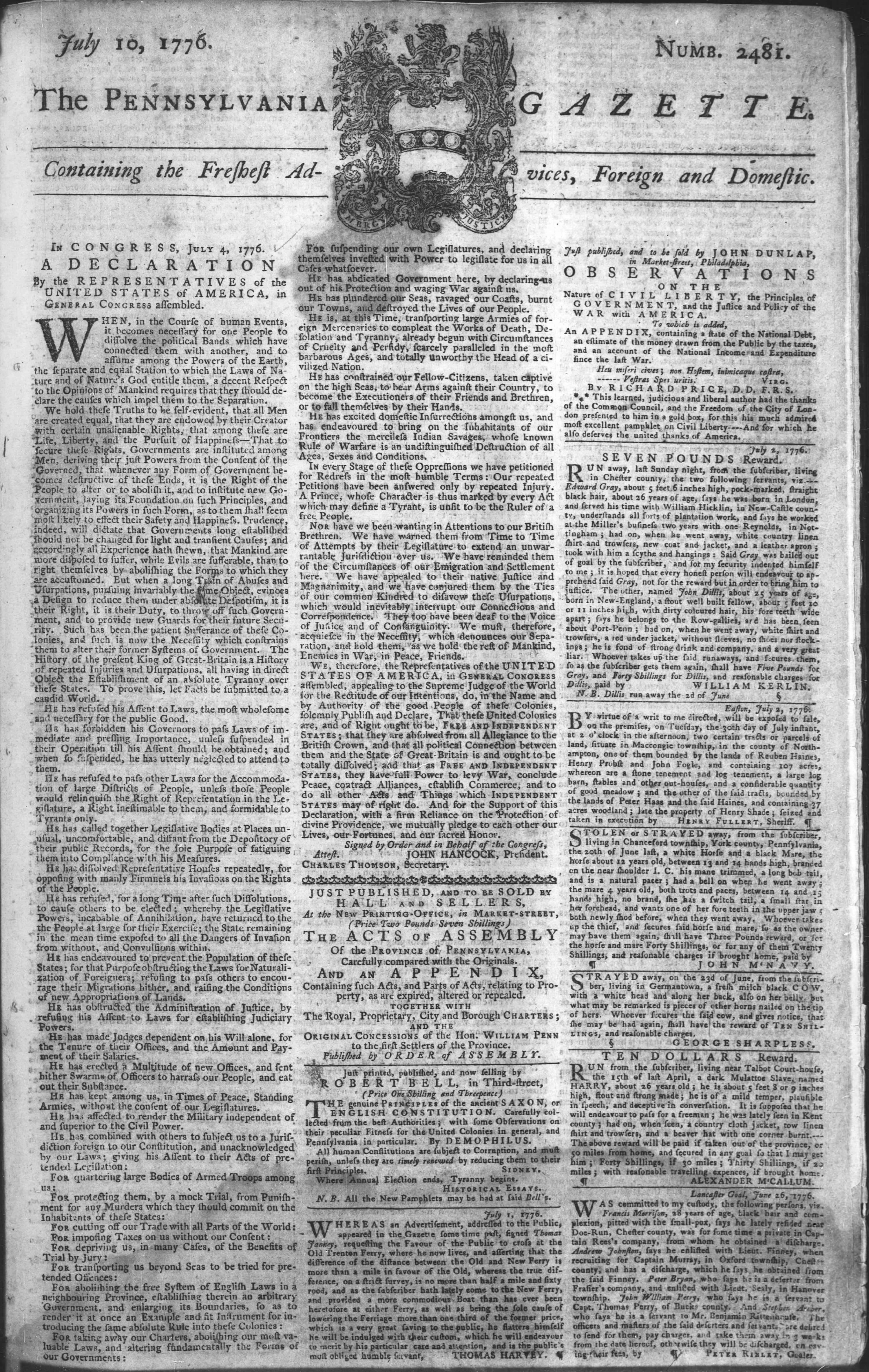 Cover page of The Pennsylvania Gazette, Wednesday 10th July 1776