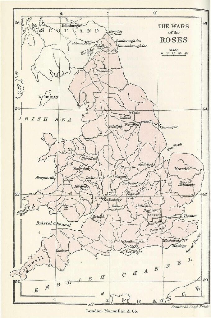 Important locations in the Wars of the Roses. J.R. Green, History of the English People, Volume 3.